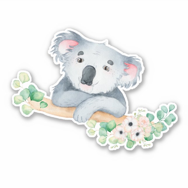 Aquarell koala auf Zweig mit Gummi Blätter Vinyl Aufkleber (Vorderseite)