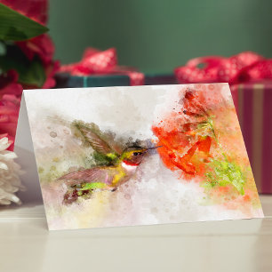 Aquarell Kolibri beim Fressen an einer lebendigen Dankeskarte