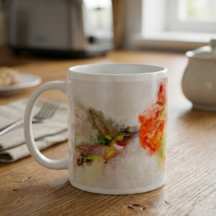 Aquarell Kolibri beim Fressen an einer lebendigen  Kaffeetasse
