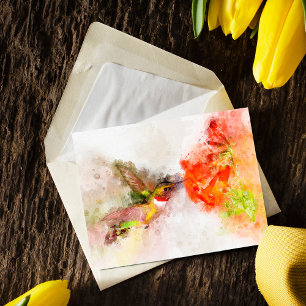 Aquarell Kolibri beim Fressen an einer lebendigen  Postkarte