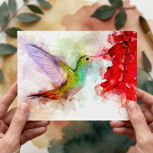 Aquarell Kolibri beim Fressen an roter Blume Postkarte