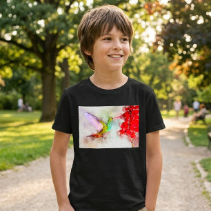Aquarell Kolibri beim Fressen an roter Blume T-Shirt
