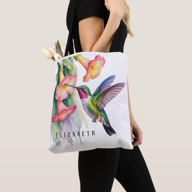 Aquarell Kolibri mit Blumenmotiven (Von Nahem)