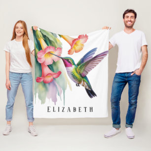 Aquarell Kolibri mit Blumenmotiven Fleecedecke
