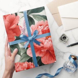 Aquarell Korallen-Pfingstrose Creme Blumenmuster Geschenkpapier