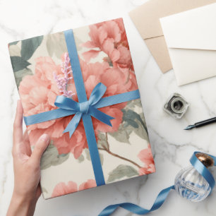 Aquarell Korallen-Pfingstrose Creme Blumenmuster Geschenkpapier