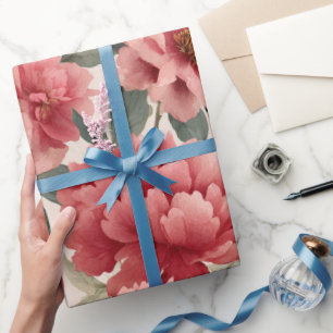 Aquarell Korallen-Pfingstrose Creme Blumenmuster Geschenkpapier