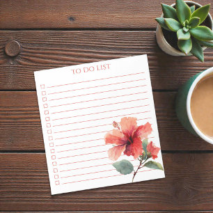Aquarell Korallenroter Hibiskus To-Do-Liste Tropis Notizblock