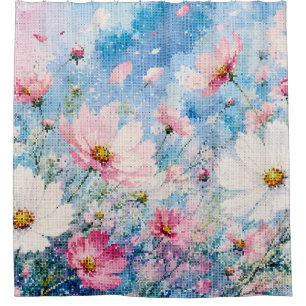 Aquarell-Kosmosblüten im geometrischen Stil Duschvorhang