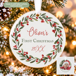 Aquarell-Kranz Baby-Christmas-Erstes-Christmas-Orn Ornament