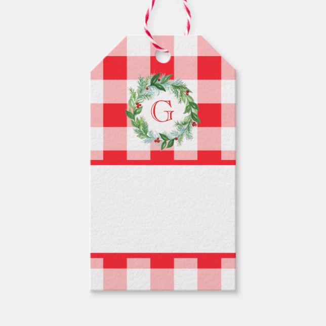 Aquarell-Kranz MONOGRAMM rotes Karo leer Geschenkanhänger (Vorderseite)