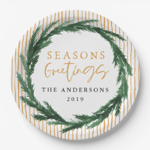 Aquarell-Kranz + Streifen Weihnachtsfeiertag Pappteller