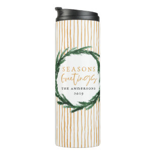Aquarell-Kranz + StreifenweihnachtsFeriengeschenk Thermosbecher