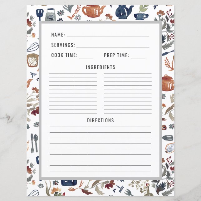 Aquarell Küchenutensilien | Recipe Binder Page (Vorderseite)