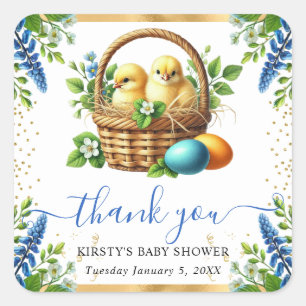 Aquarell-Küken Frühlingsblumen Babyparty Quadratischer Aufkleber