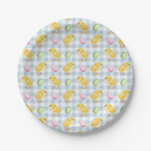 Aquarell-Küken und Eier auf blauem Gingham-Muster Pappteller