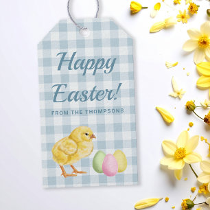 Aquarell-Küken und Eier auf blauem Happy Easter Geschenkanhänger