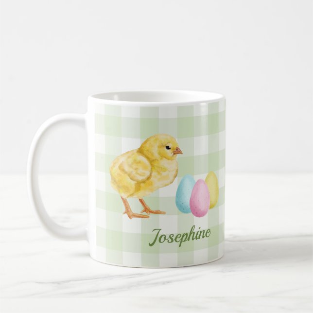 Aquarell-Küken und Eier auf Grün mit Namen Kaffeetasse (Links)