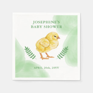 Aquarell-Küken und grüne Blätter Baby Shower Serviette