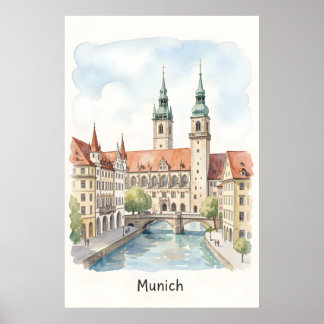 Aquarell-Kunst München Deutschland Poster