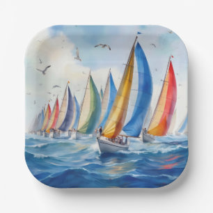 Aquarell-Kunstwerk Segelboot-Regatta Pappteller