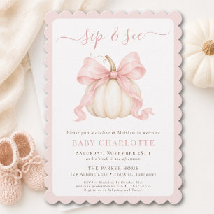 Aquarell-Kürbis Rosa Schleife Baby Mädchen Sip And Einladung
