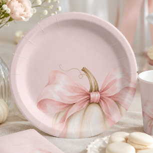 Aquarell-Kürbis Rosa Schleife Herbst Baby Mädchen Pappteller