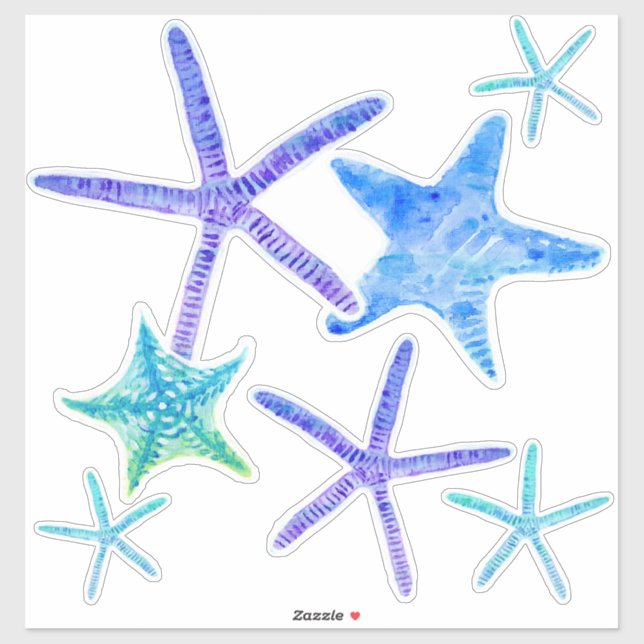 Aquarell Küste Blau Lila Starfish Kunst Aufkleber (Blatt)