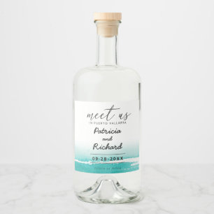 Aquarell-Küsten-Strand-Hochzeit-Save-The-Date Alkoholflaschenetikett