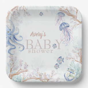 Aquarell-Küstenseeleben-Baby-Party Pappteller