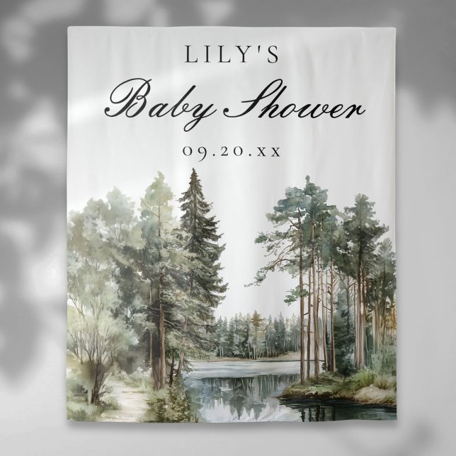 Aquarell Lake Forest Baby Dusche Foto Hintergrund Wandteppich (Watercolor Lake Forest Baby Shower Photo Backdrop)