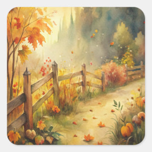 Aquarell-Landschaft im rustikalen Herbstlook Quadratischer Aufkleber