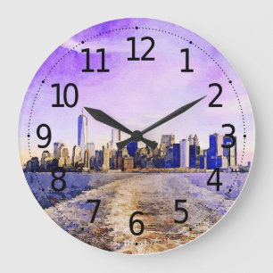 Aquarell-Landschaft New York Digital Große Wanduhr