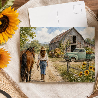Aquarell-Landschaftsszene Pferd Rustikale Scheune Postkarte