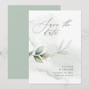 Aquarell-Laub und metallisch goldene Hochzeit Save The Date