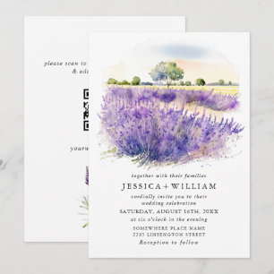 Aquarell-Lavendel-Blumen-Feld-Hochzeit-QR-Code Einladung