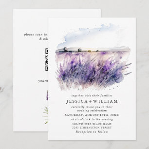 Aquarell-Lavendel-Blumenfeld-Hochzeit QR-Code Einladung