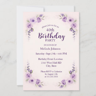 Aquarell-Lavendel-Rosé-Rose 40. Geburtstag Einladung
