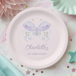 Aquarell-Lavendel-Schmetterling 1. Geburtstagsfeie Pappteller