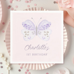 Aquarell-Lavendel-Schmetterling 1. Geburtstagsfeie Serviette