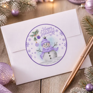 Aquarell-Lavendel-Schneemann und Schneeflocke Runder Aufkleber