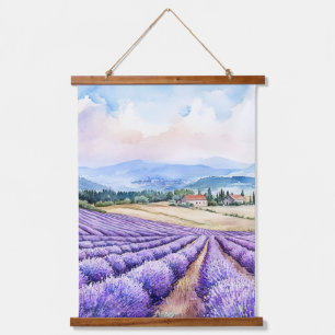 Aquarell-Lavendelfeld und französische Landschaft Wandteppich Mit Holzrahmen