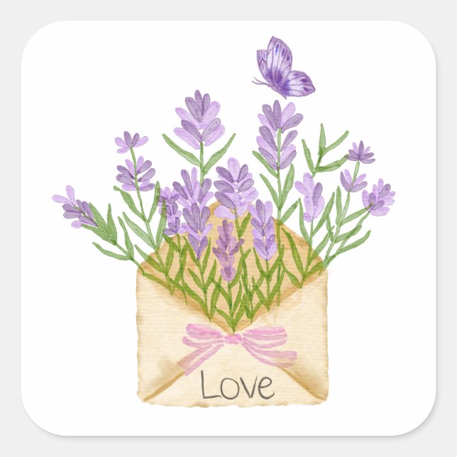 Aquarell Lavender Bouquet in Umschlag Quadratischer Aufkleber (Vorderseite)