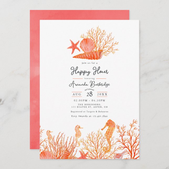 Aquarell Lebende Koralle unter dem Meer glückliche Einladung (Vorne/Hinten)
