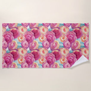 Aquarell Lebendig Gemalte Rosa Frühlingsblumen Strandtuch