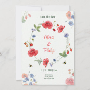 Aquarell Leicht Rustikale Mohnblumen Erdbeeren Einladung