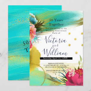 Aquarell Leichtgrün Gold Rosa 50. Hochzeitstag Einladung