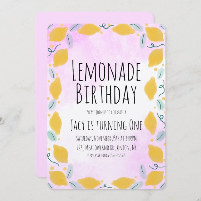 Aquarell Lemon Birthday Pink Yellow Border Art Einladung (Vorne/Hinten)