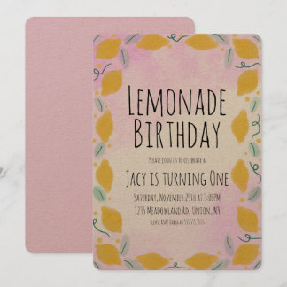 Aquarell Lemon Birthday Pink Yellow Border Art Einladung