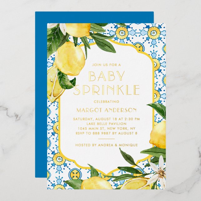 Aquarell Lemon Mediterranean Baby Sprinkle Folieneinladung (Vorderseite/Rückseite)